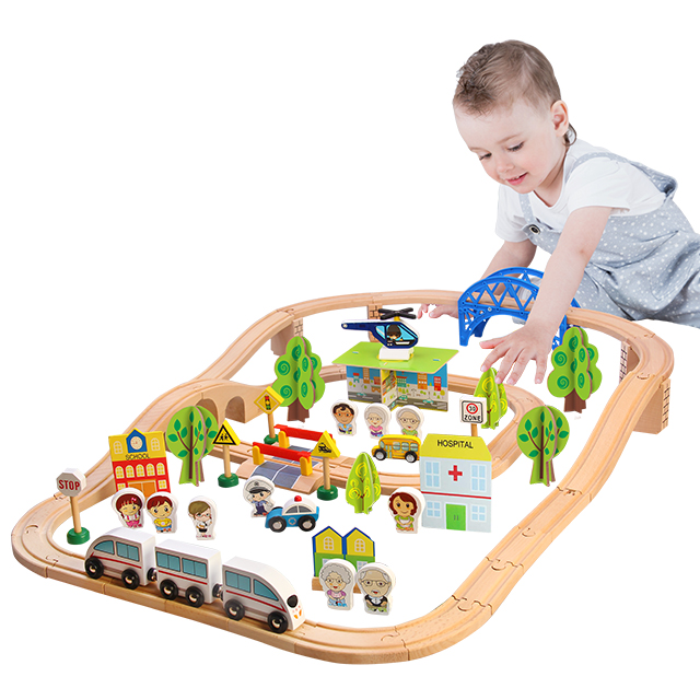 wooden railway train track set toy