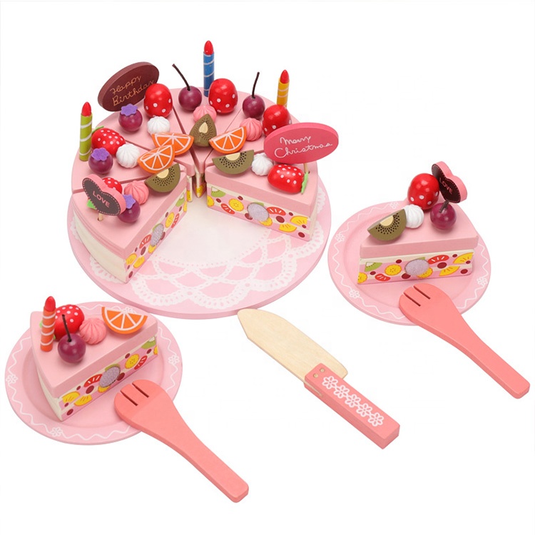 Wooden Happy Birthday Party Cake DIY Cutting Pretend Play Wood Birthday Cake with Candles 